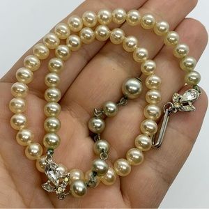 VINTAGE GLASS PEARL CHOKER NECKLACE DECO RHINESTONE CLASP 13”-15” SINGLE STRAND